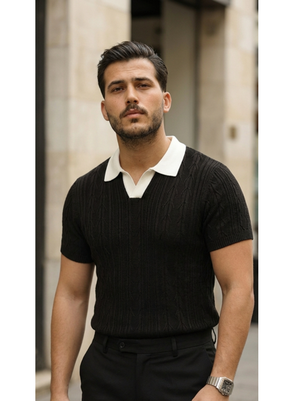 Erkek Desenli Kısa Kollu Triko Tişört - %100 Pamuk Akrilik