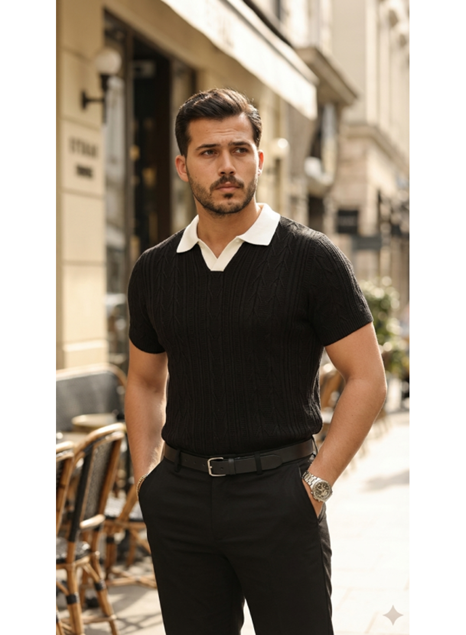 Erkek Desenli Kısa Kollu Triko Tişört - %100 Pamuk Akrilik