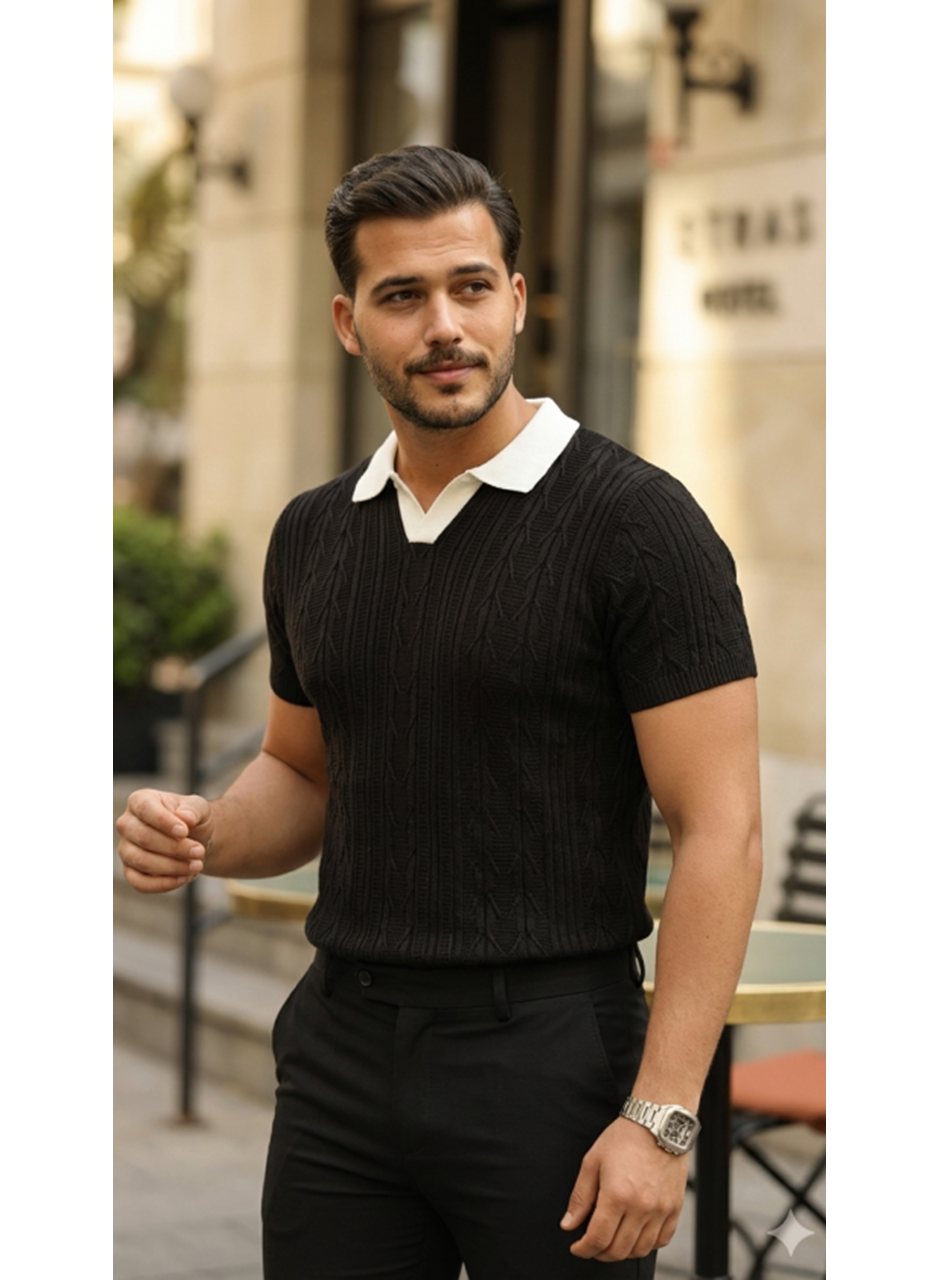 Erkek Desenli Kısa Kollu Triko Tişört - %100 Pamuk Akrilik