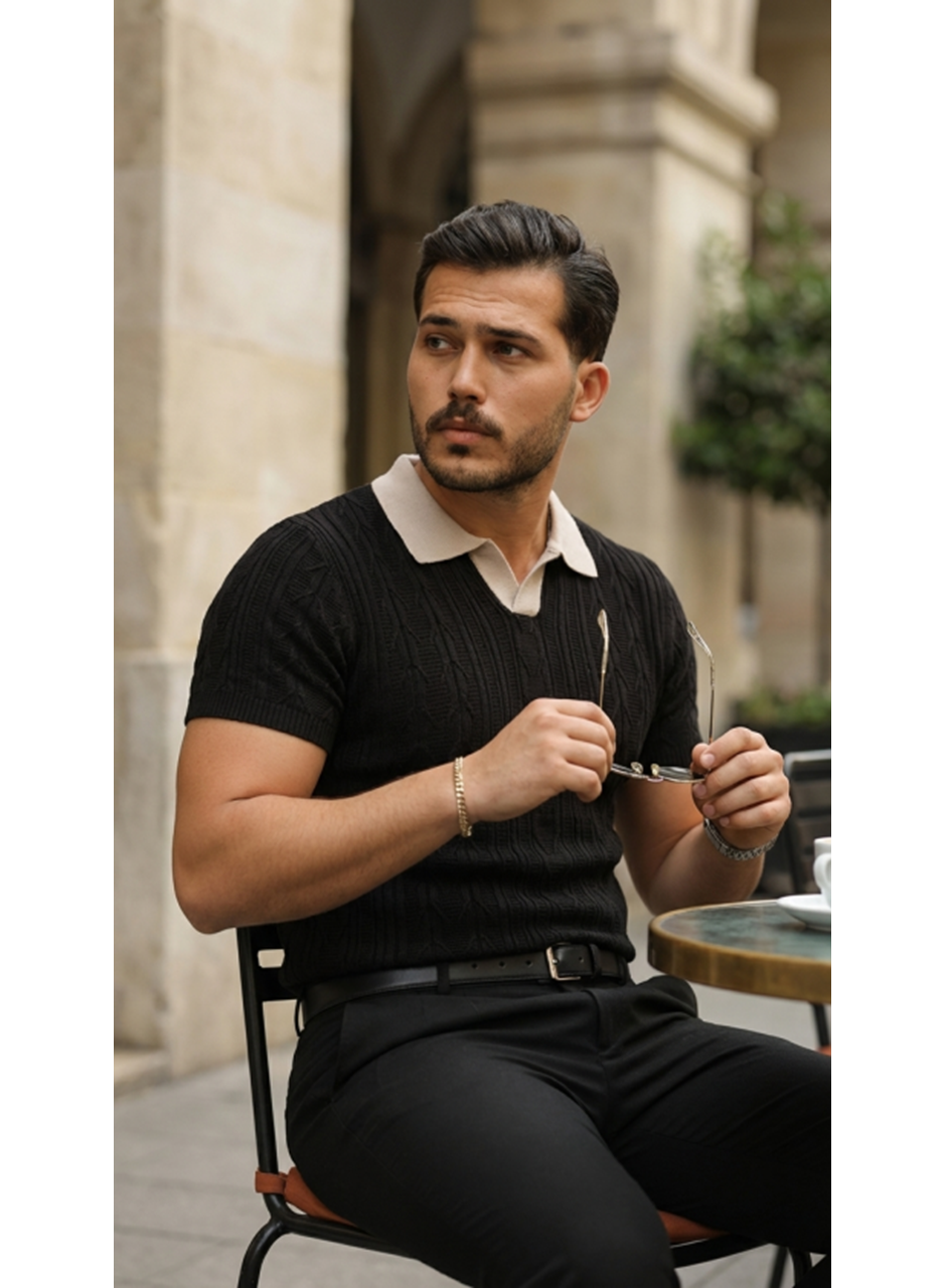 Erkek Desenli Kısa Kollu Triko Tişört - %100 Pamuk Akrilik