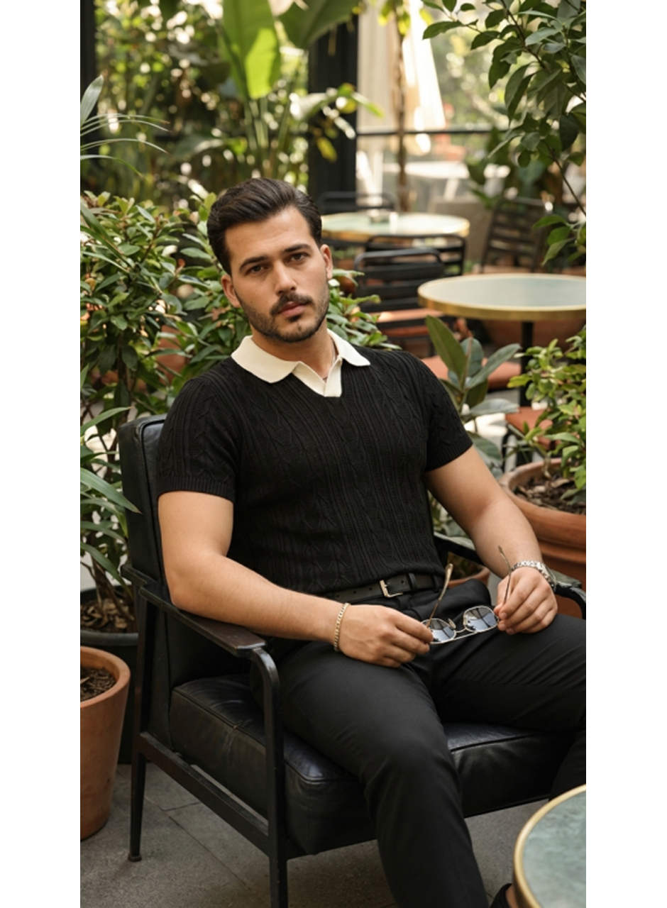 Erkek Desenli Kısa Kollu Triko Tişört - %100 Pamuk Akrilik