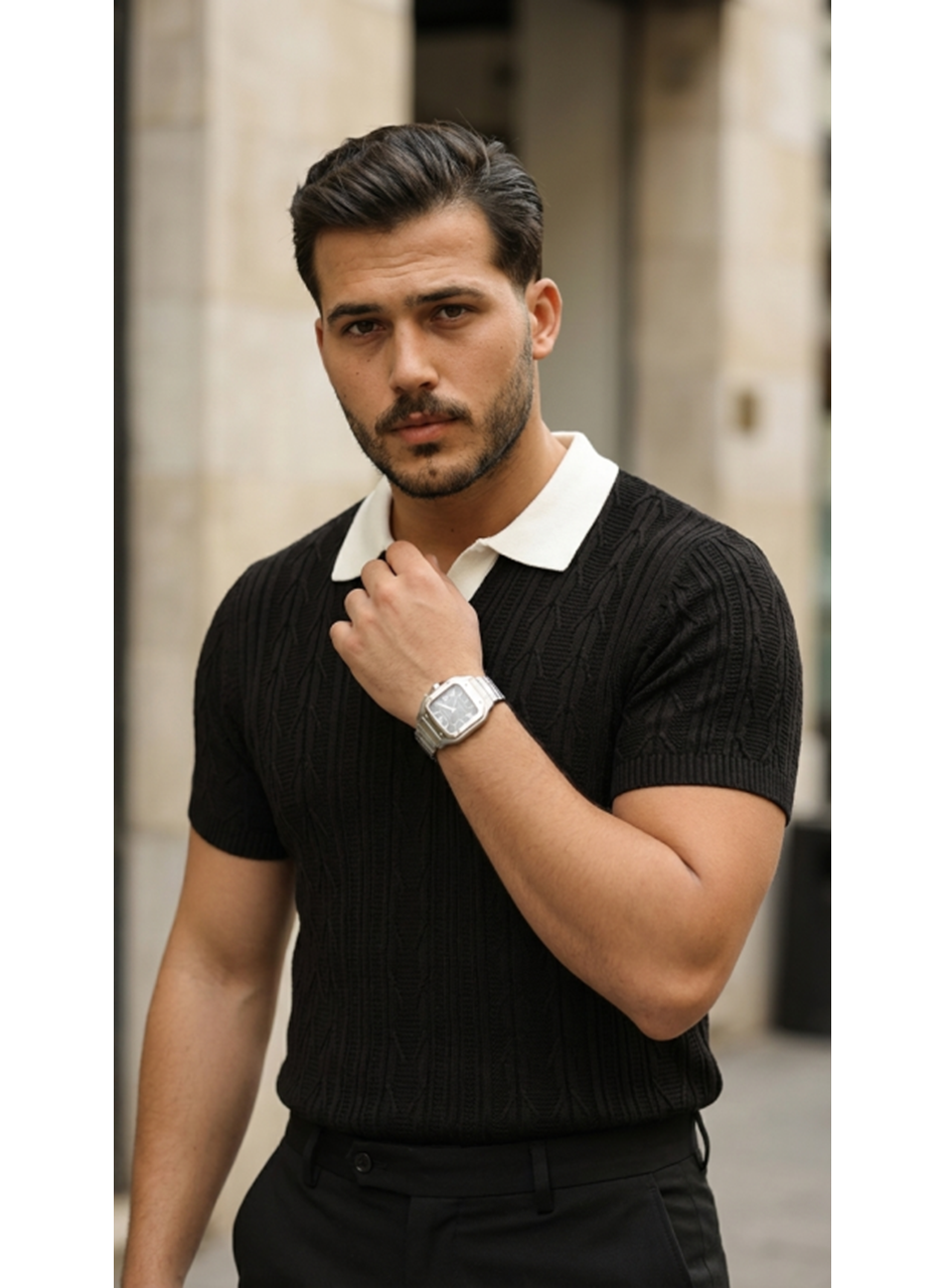 Erkek Desenli Kısa Kollu Triko Tişört - %100 Pamuk Akrilik