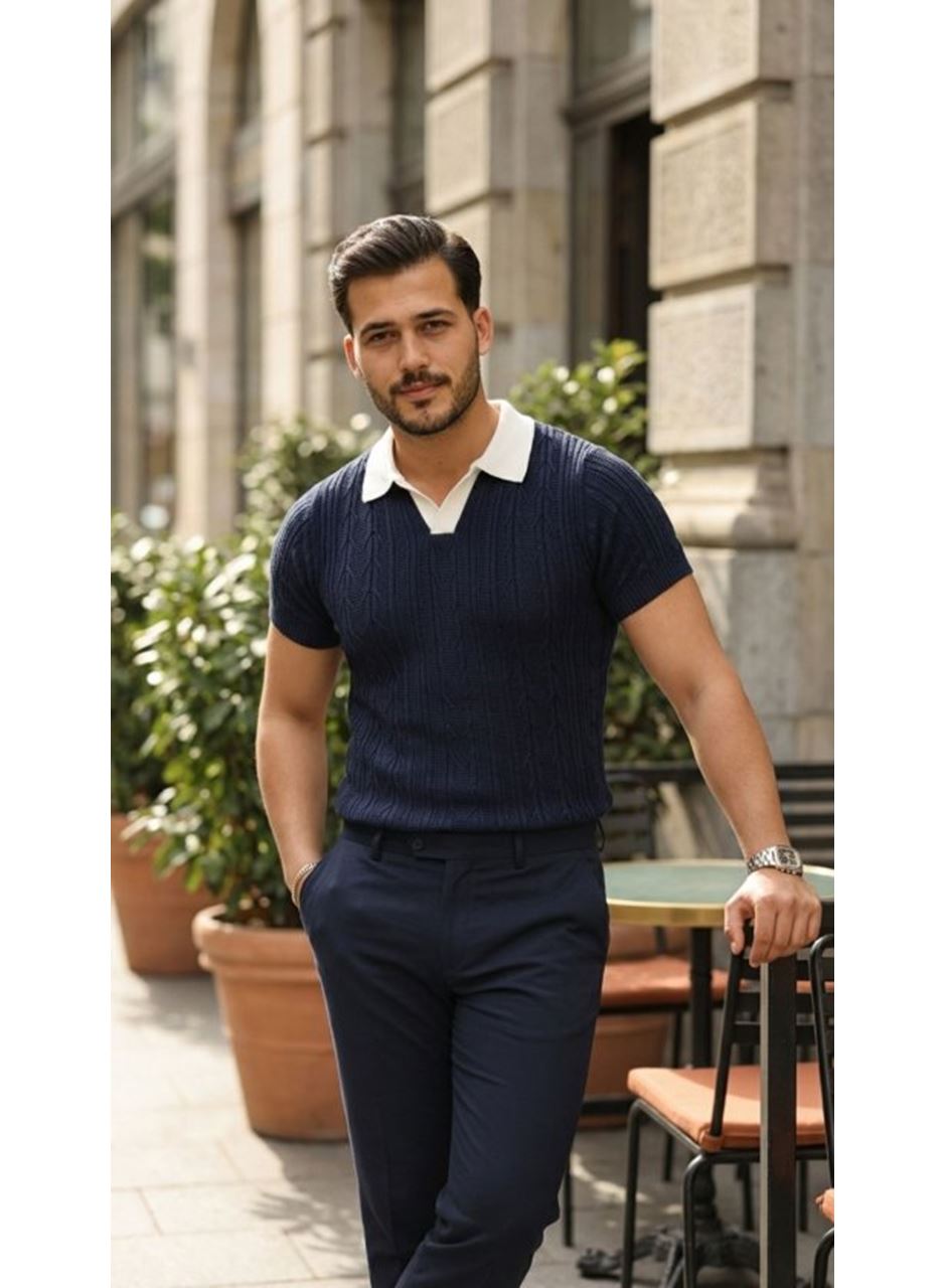 Erkek Desenli Kısa Kollu Triko Tişört - %100 Pamuk Akrilik