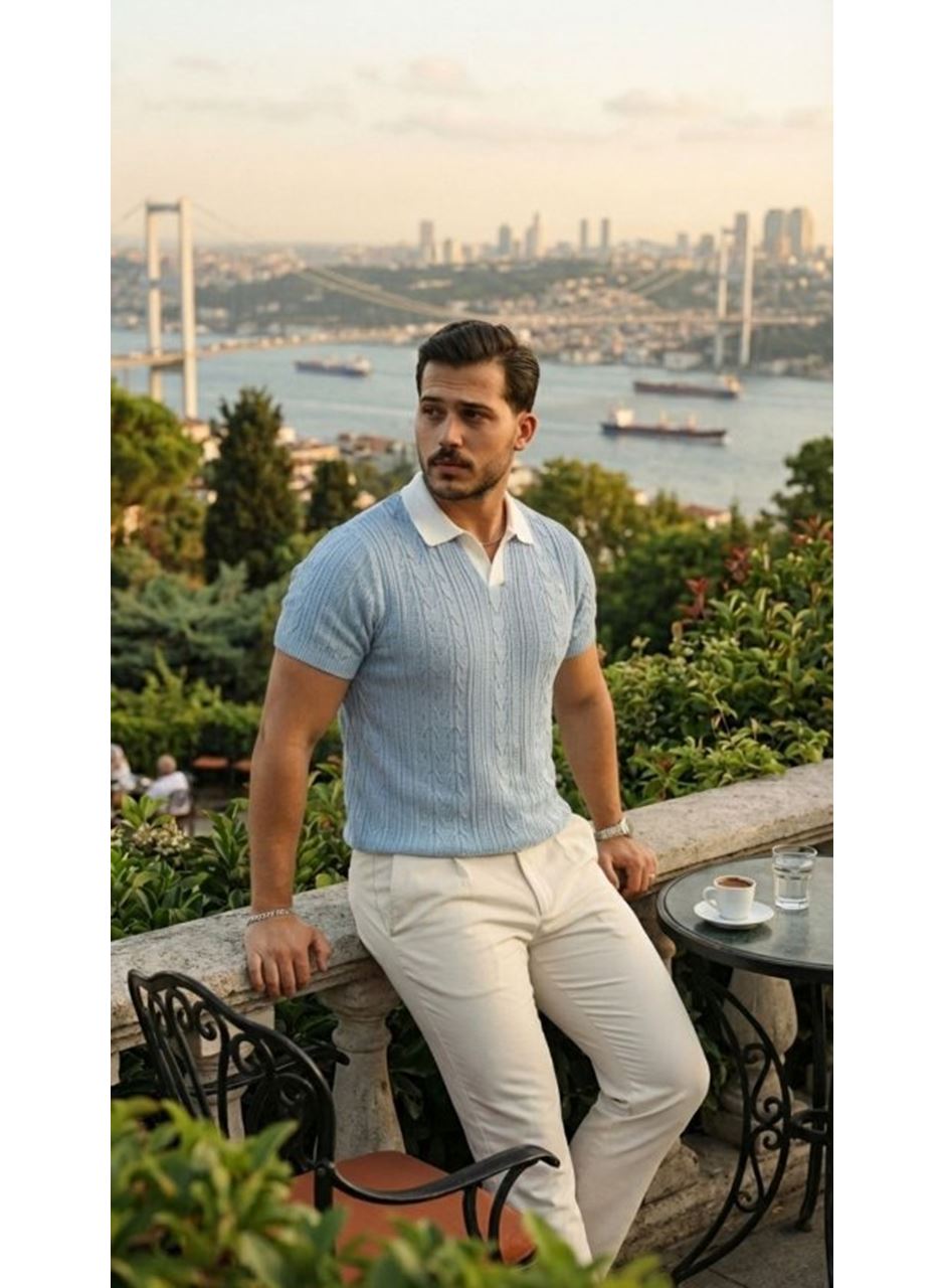 Erkek Desenli Kısa Kollu Triko Tişört - %100 Pamuk Akrilik