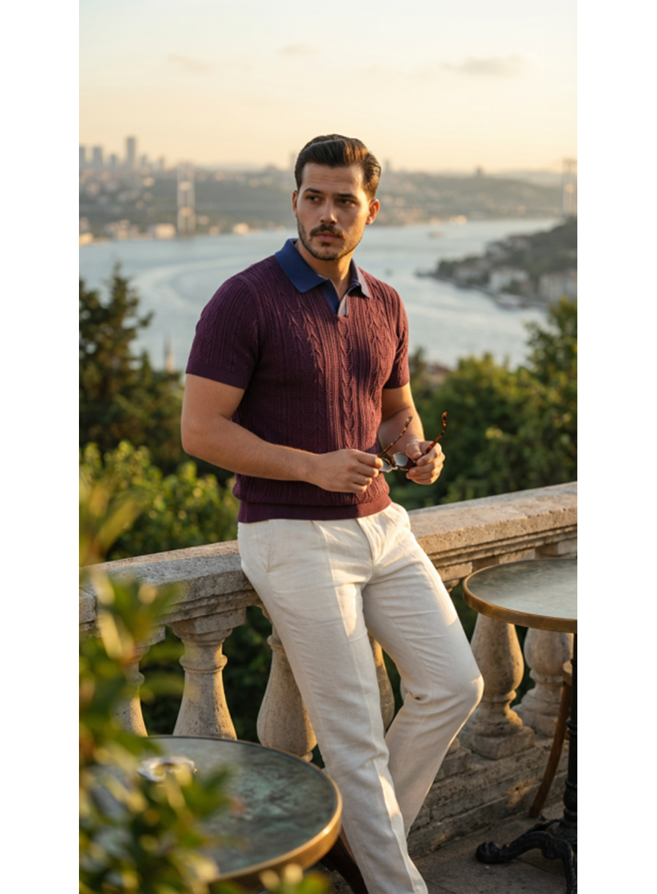 Erkek Desenli Kısa Kollu Triko Tişört - %100 Pamuk Akrilik