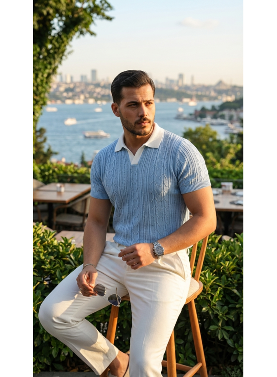 Erkek Desenli Kısa Kollu Triko Tişört - %100 Pamuk Akrilik