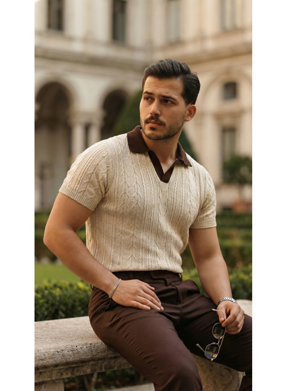 Erkek Desenli Kısa Kollu Triko Tişört - %100 Pamuk Akrilik