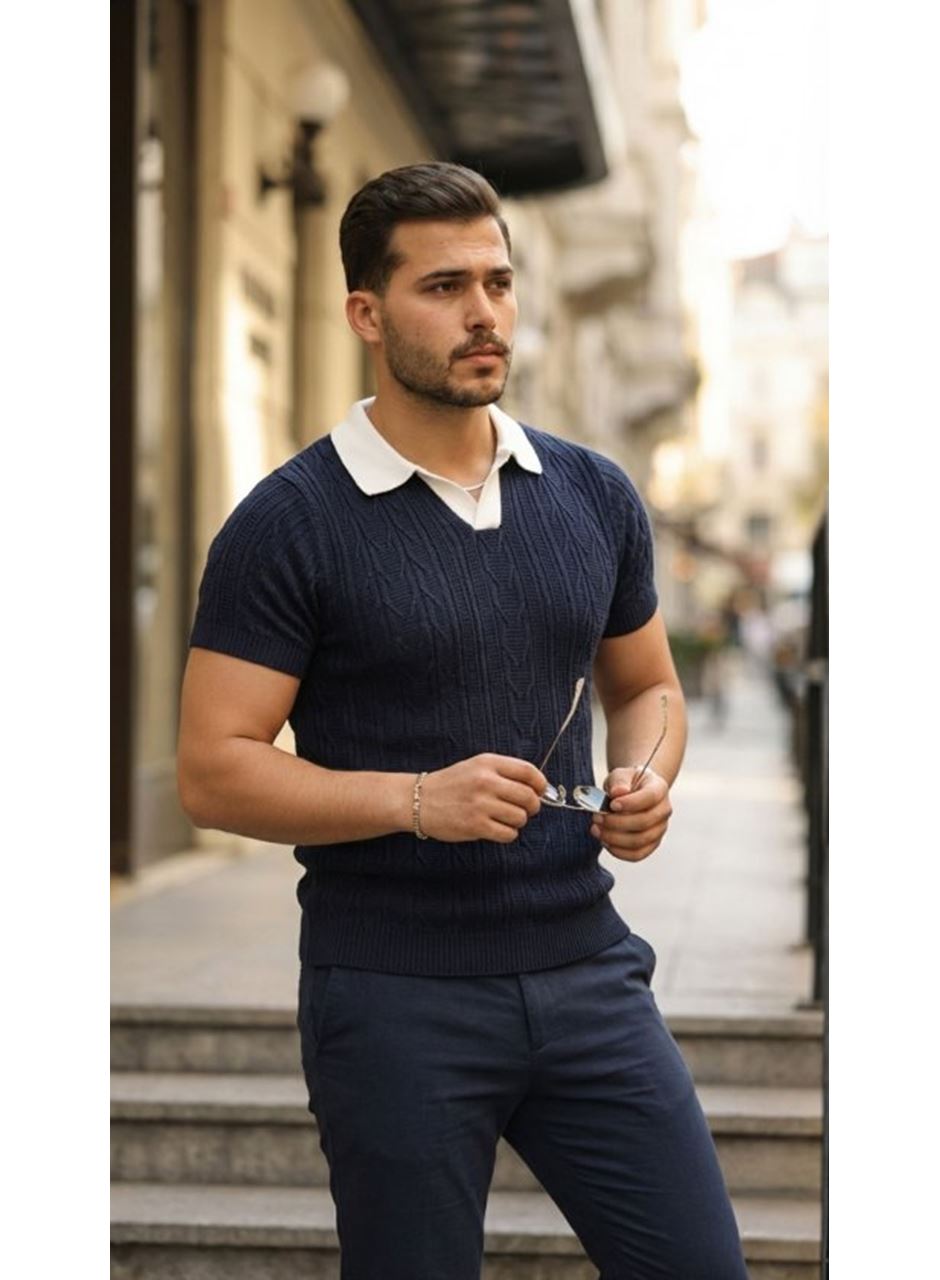 Erkek Desenli Kısa Kollu Triko Tişört - %100 Pamuk Akrilik