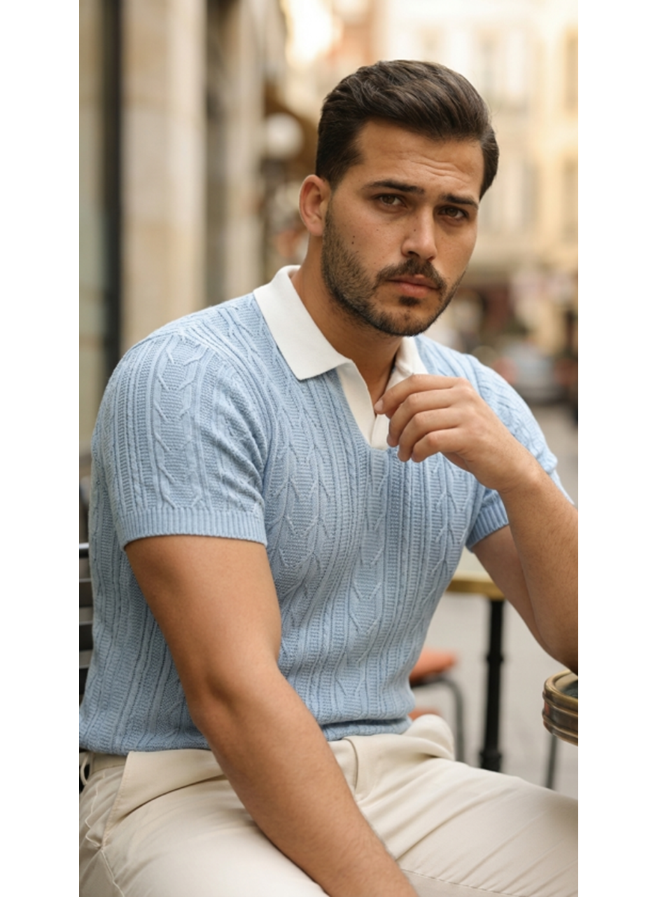 Erkek Desenli Kısa Kollu Triko Tişört - %100 Pamuk Akrilik