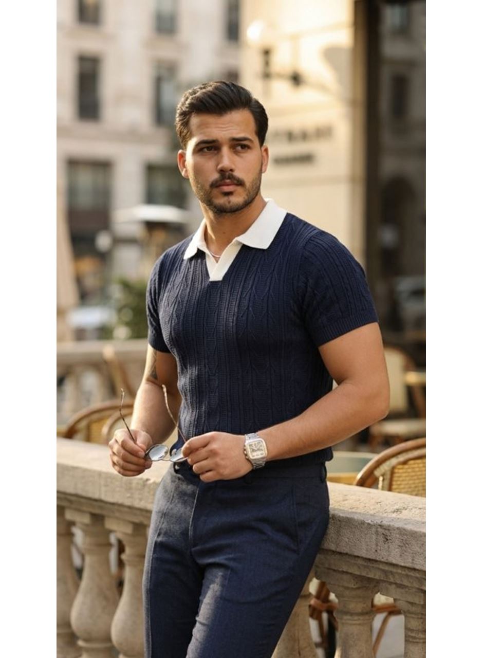 Erkek Desenli Kısa Kollu Triko Tişört - %100 Pamuk Akrilik