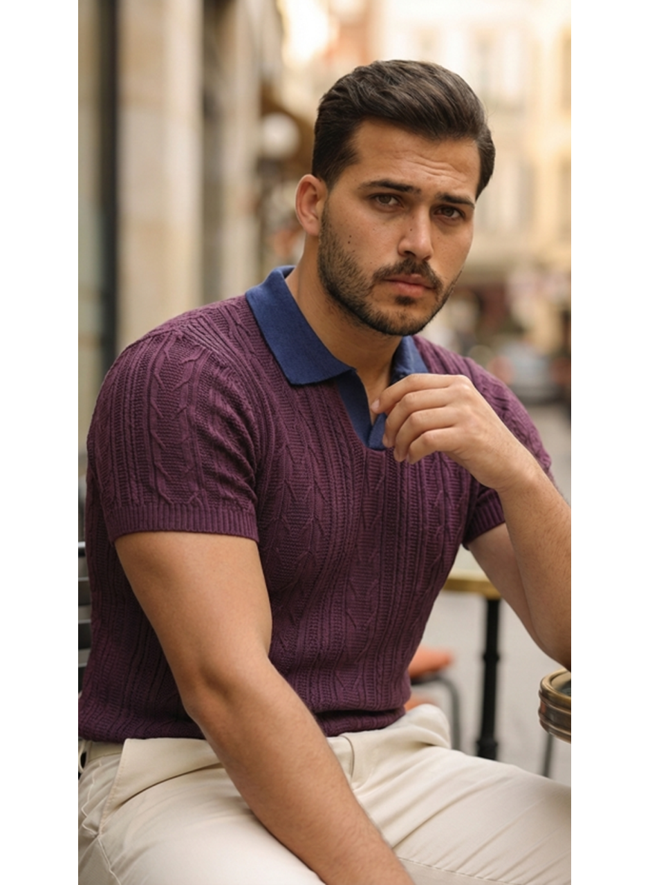 Erkek Desenli Kısa Kollu Triko Tişört - %100 Pamuk Akrilik