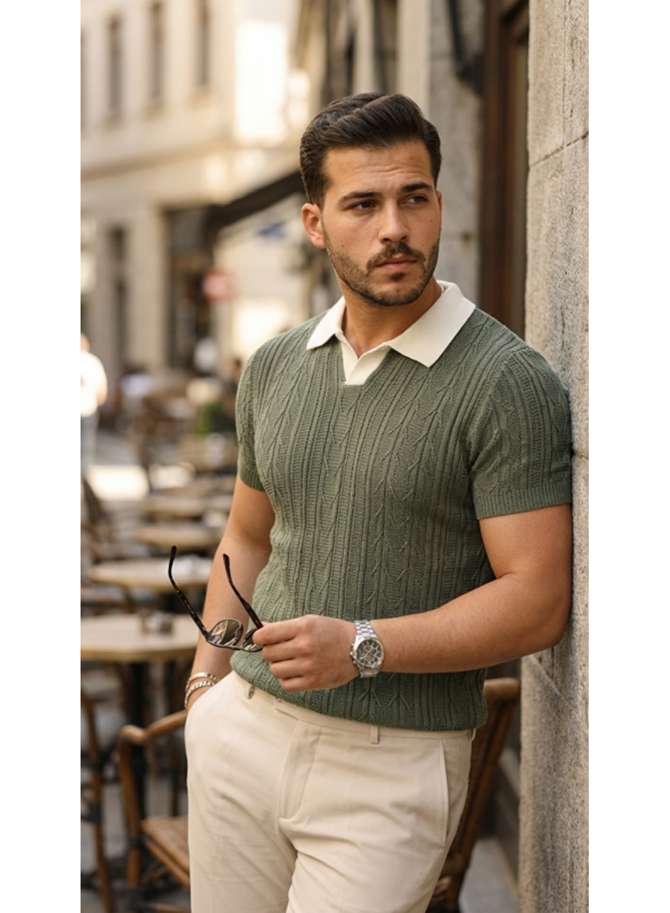 Erkek Desenli Kısa Kollu Triko Tişört - %100 Pamuk Akrilik