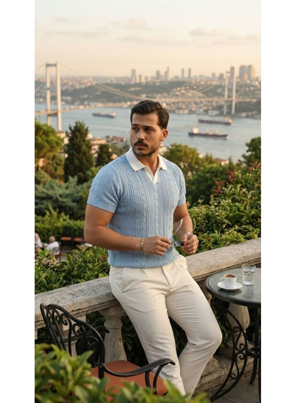 Erkek Desenli Kısa Kollu Triko Tişört - %100 Pamuk Akrilik