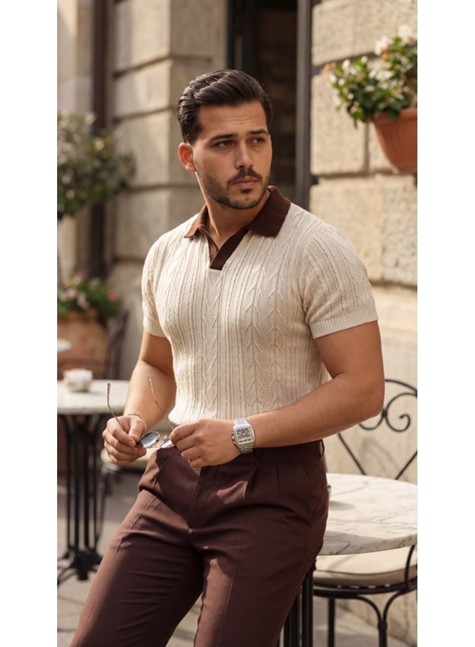 Erkek Desenli Kısa Kollu Triko Tişört - %100 Pamuk Akrilik