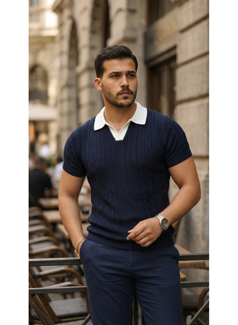 Erkek Desenli Kısa Kollu Triko Tişört - %100 Pamuk Akrilik