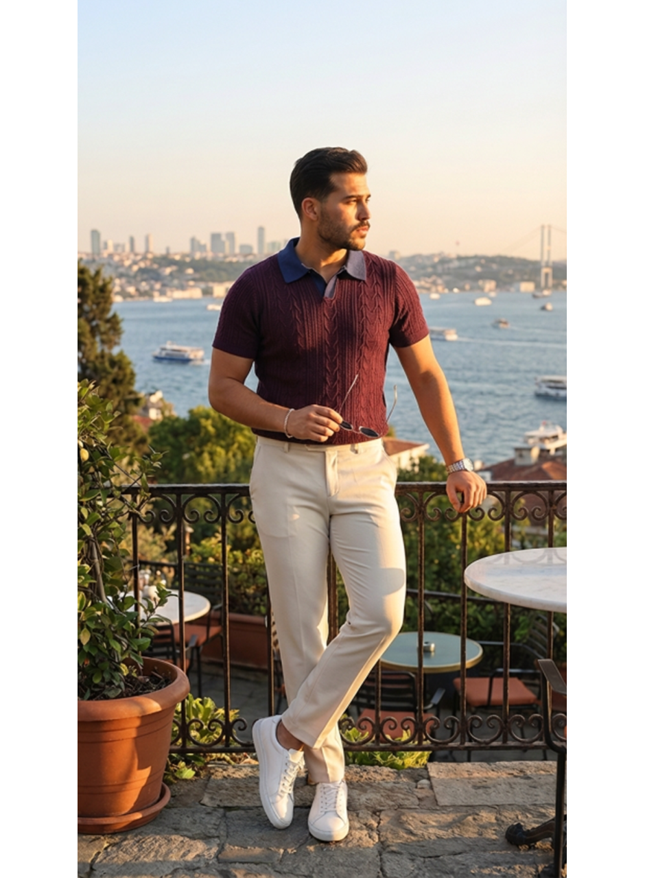 Erkek Desenli Kısa Kollu Triko Tişört - %100 Pamuk Akrilik