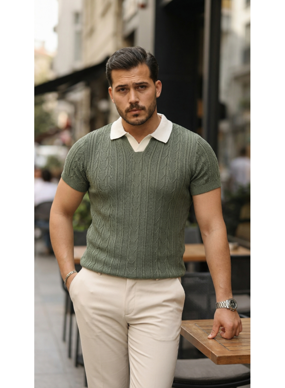 Erkek Desenli Kısa Kollu Triko Tişört - %100 Pamuk Akrilik