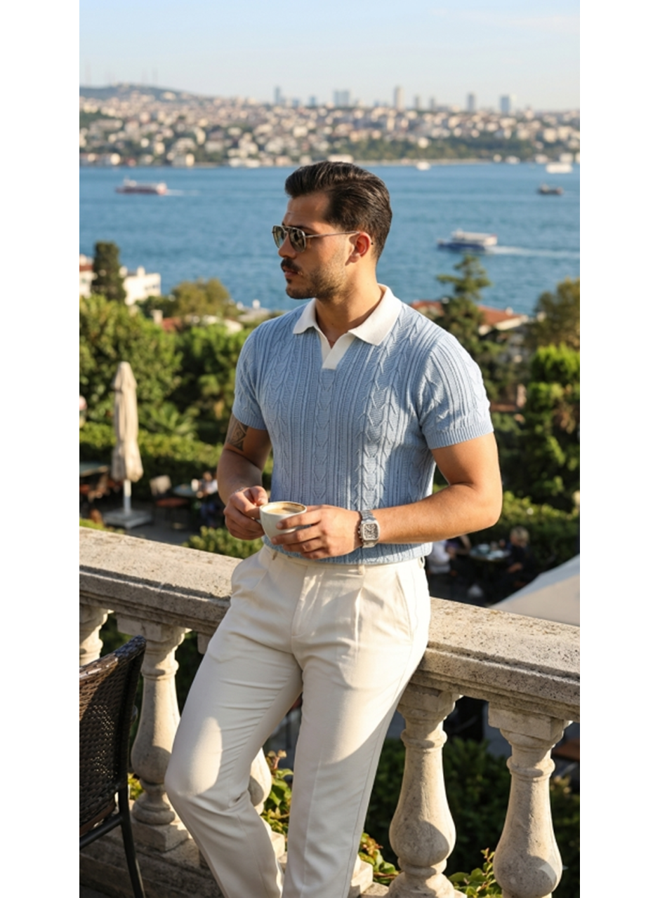 Erkek Desenli Kısa Kollu Triko Tişört - %100 Pamuk Akrilik