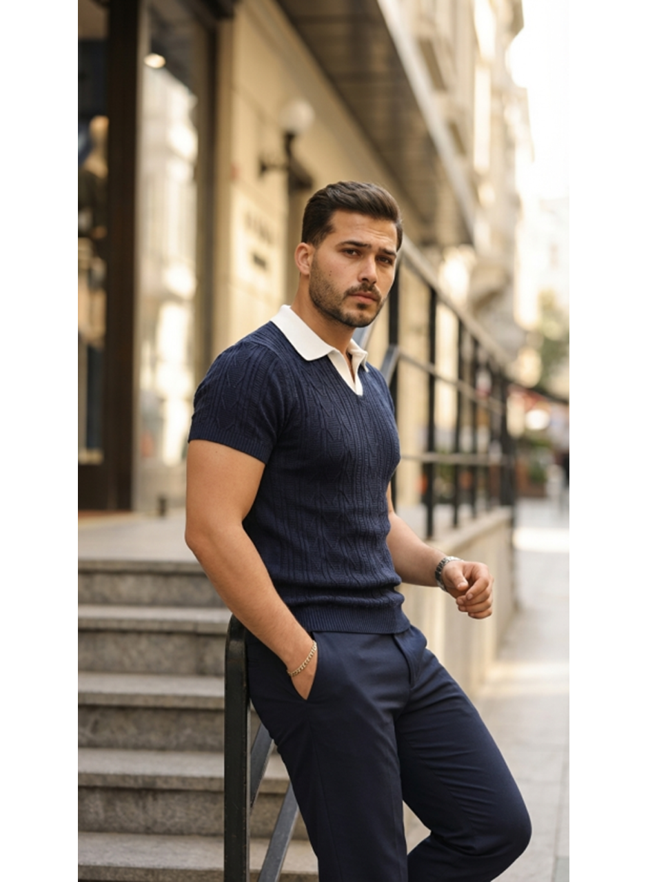 Erkek Desenli Kısa Kollu Triko Tişört - %100 Pamuk Akrilik