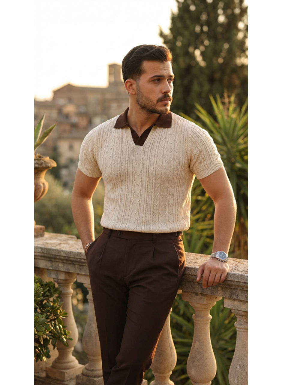 Erkek Desenli Kısa Kollu Triko Tişört - %100 Pamuk Akrilik