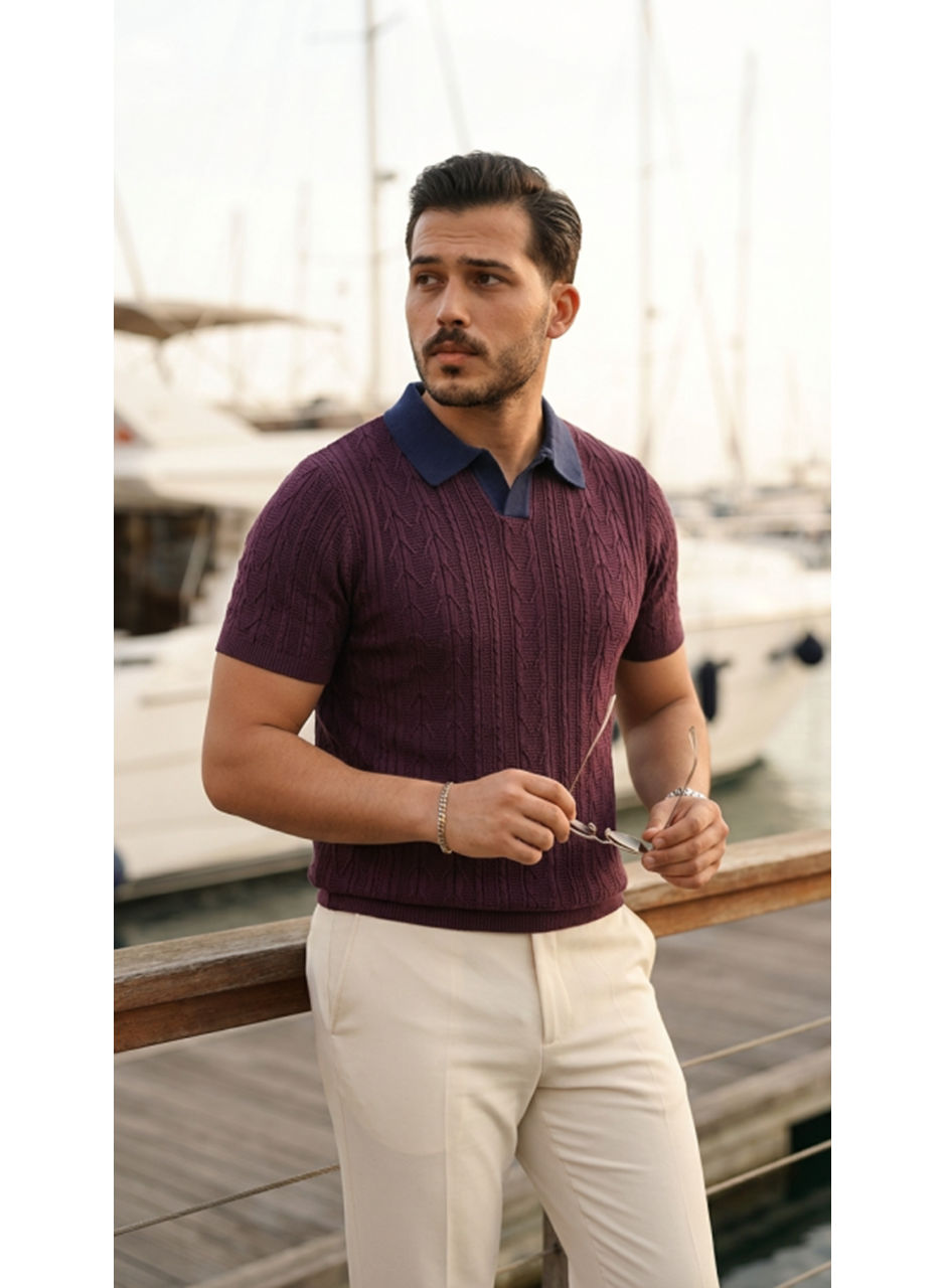 Erkek Desenli Kısa Kollu Triko Tişört - %100 Pamuk Akrilik