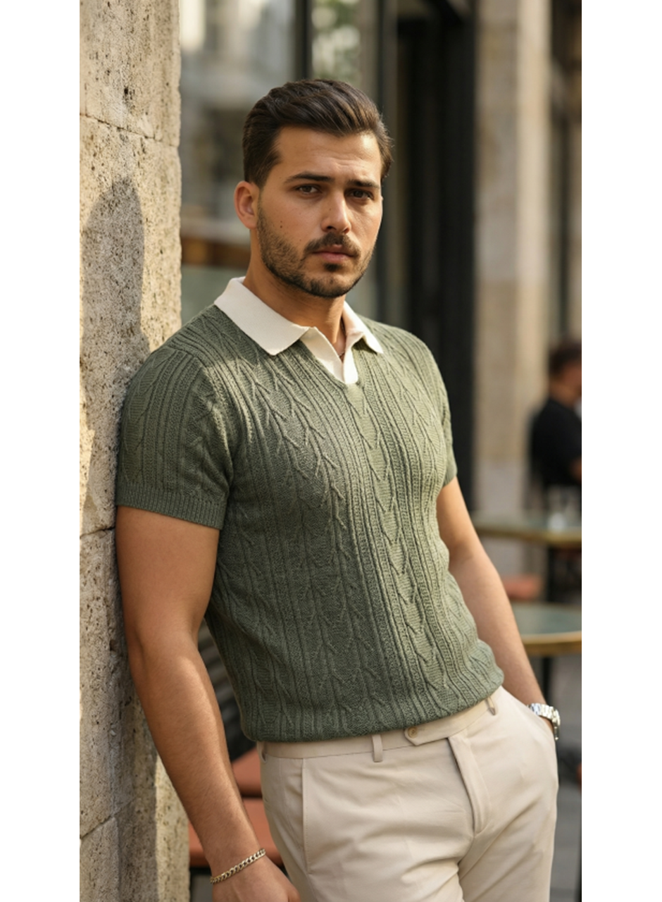 Erkek Desenli Kısa Kollu Triko Tişört - %100 Pamuk Akrilik