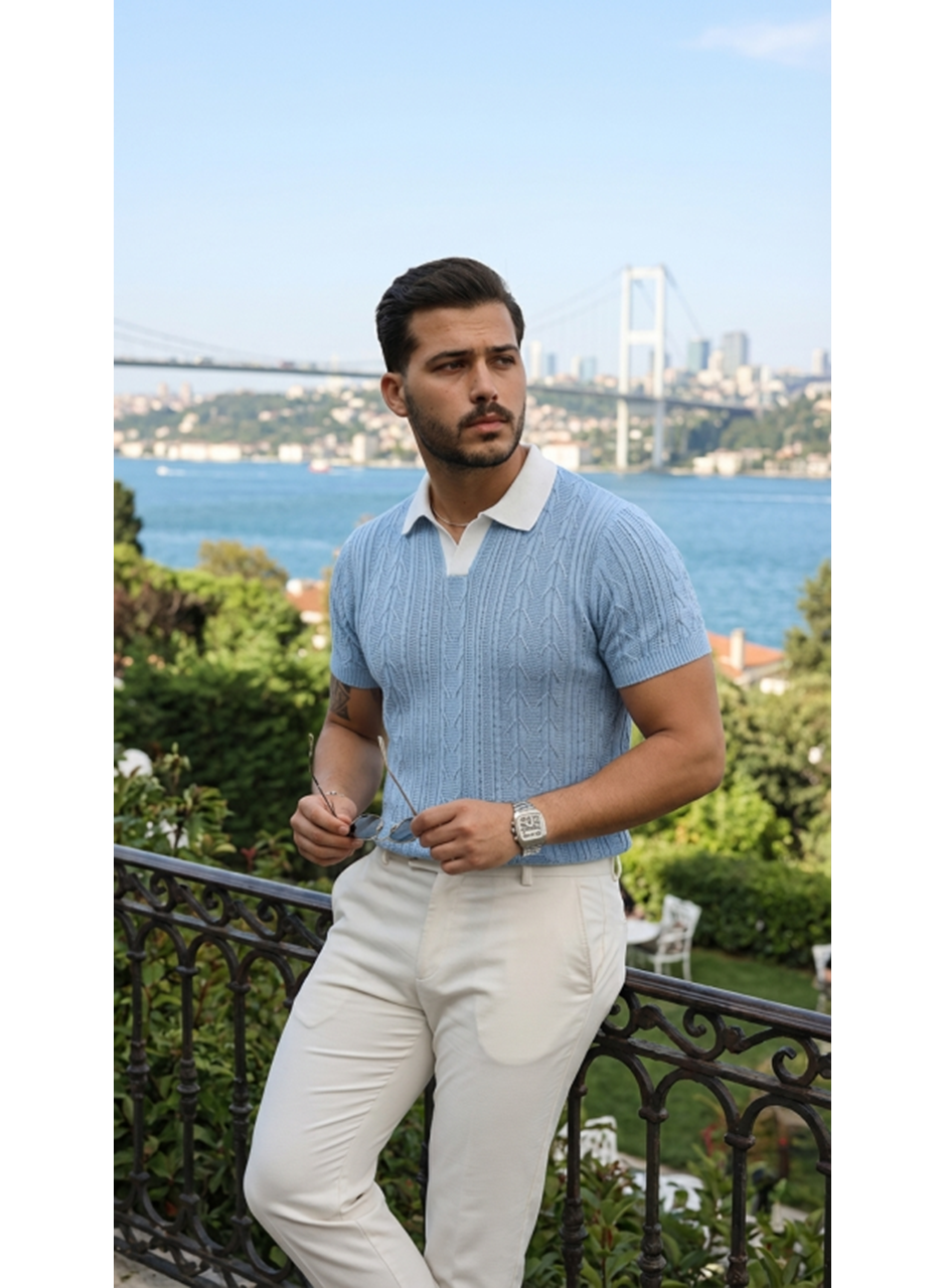 Erkek Desenli Kısa Kollu Triko Tişört - %100 Pamuk Akrilik