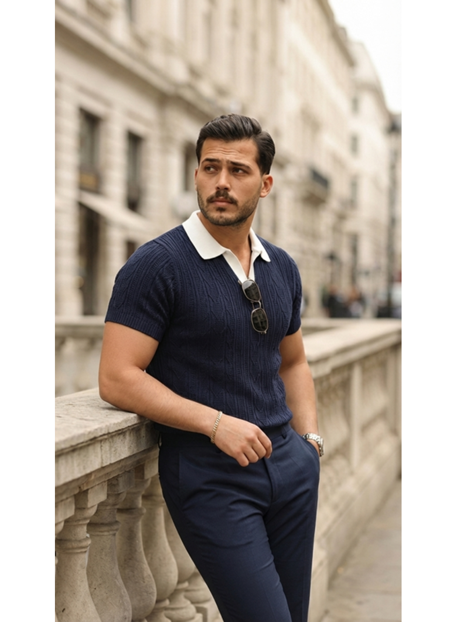 Erkek Desenli Kısa Kollu Triko Tişört - %100 Pamuk Akrilik