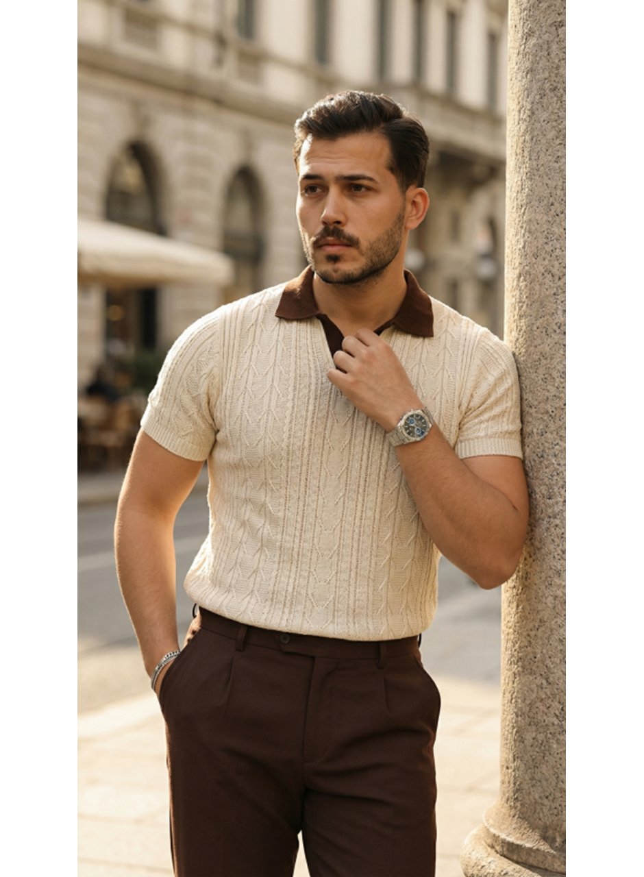 Erkek Desenli Kısa Kollu Triko Tişört - %100 Pamuk Akrilik