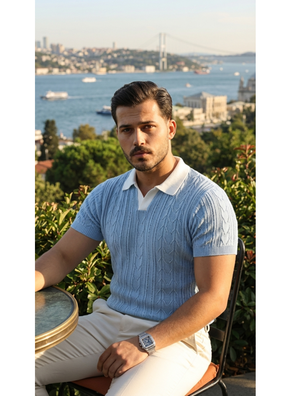 Erkek Desenli Kısa Kollu Triko Tişört - %100 Pamuk Akrilik