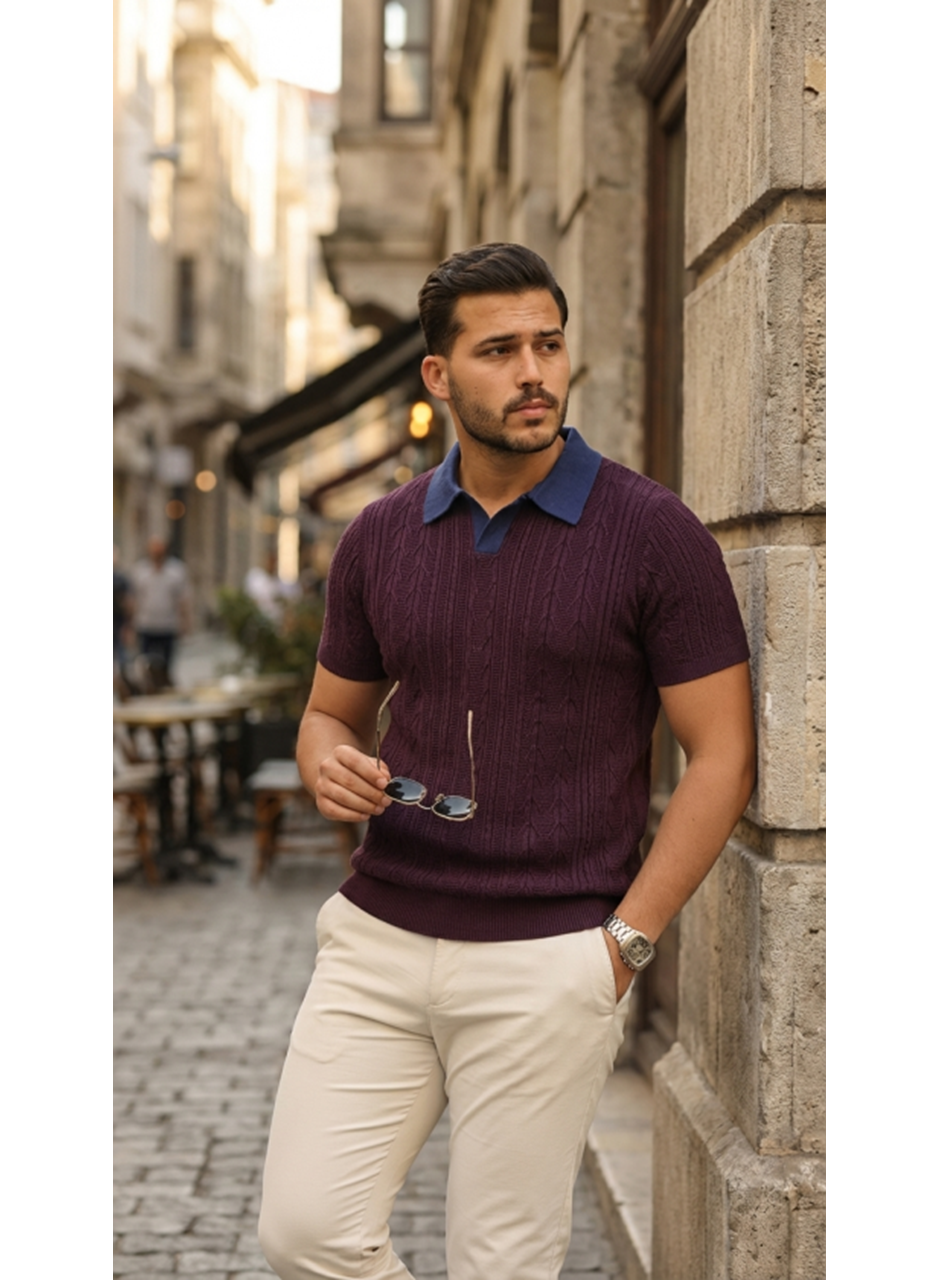 Erkek Desenli Kısa Kollu Triko Tişört - %100 Pamuk Akrilik