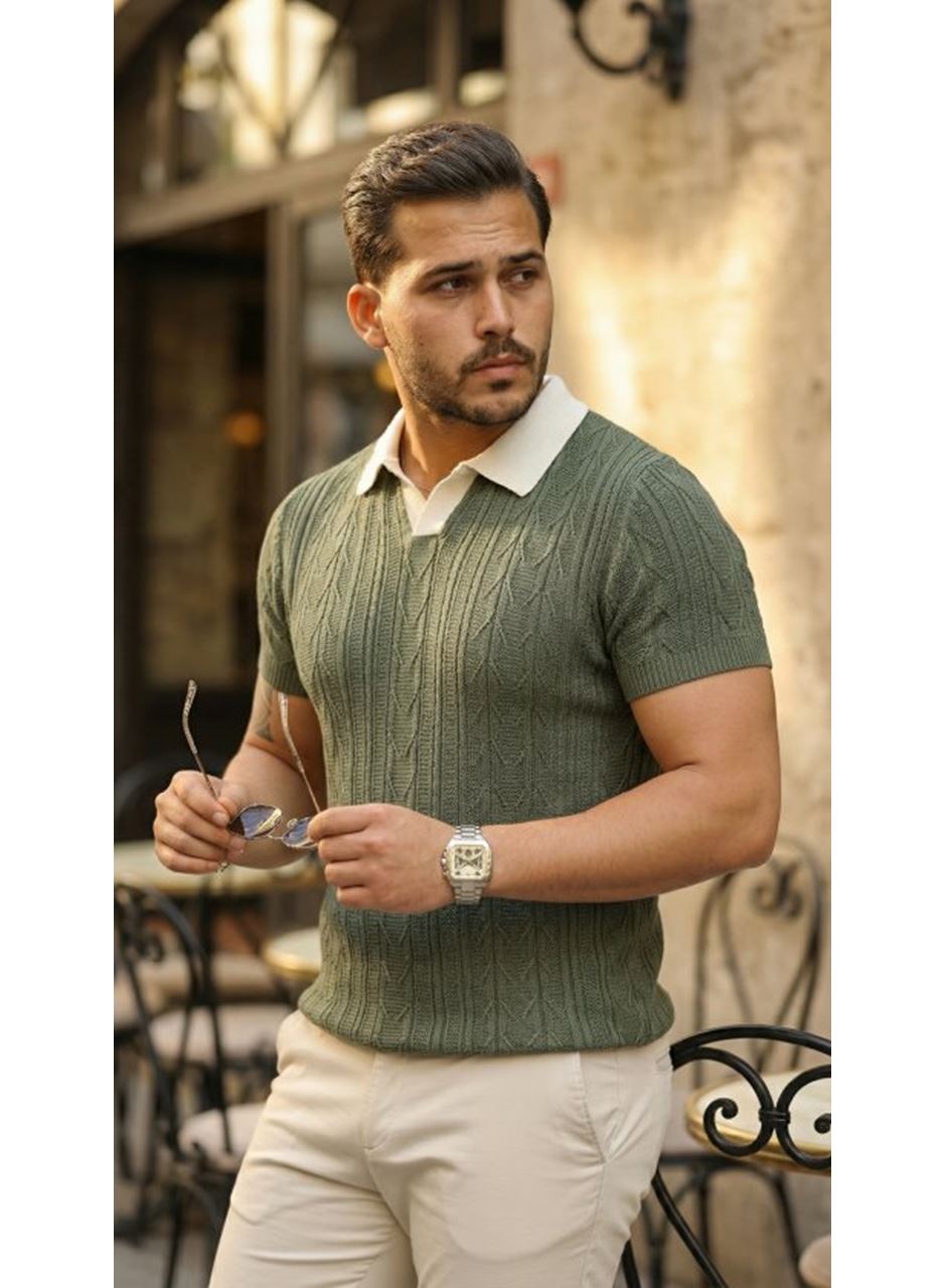 Erkek Desenli Kısa Kollu Triko Tişört - %100 Pamuk Akrilik