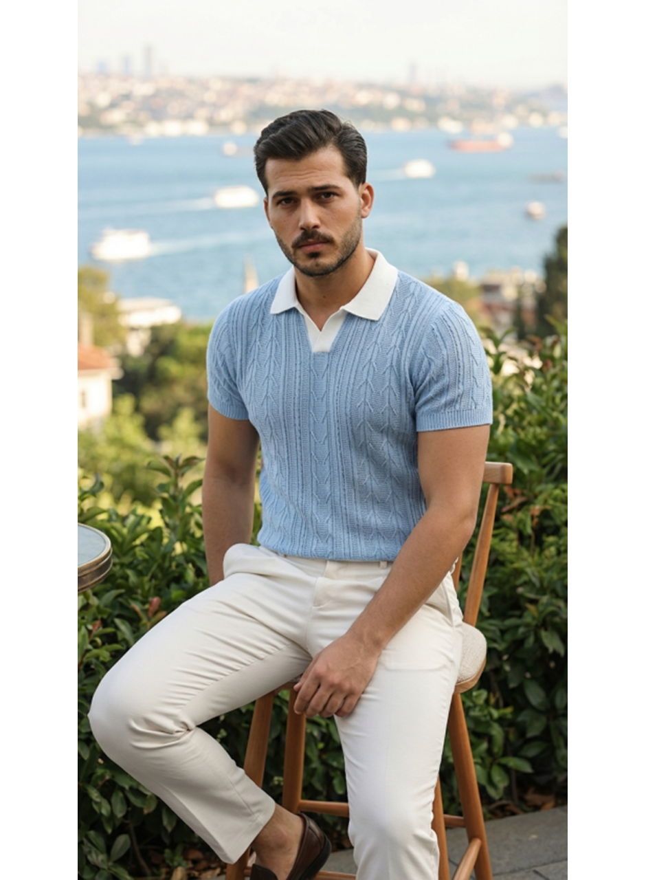 Erkek Desenli Kısa Kollu Triko Tişört - %100 Pamuk Akrilik