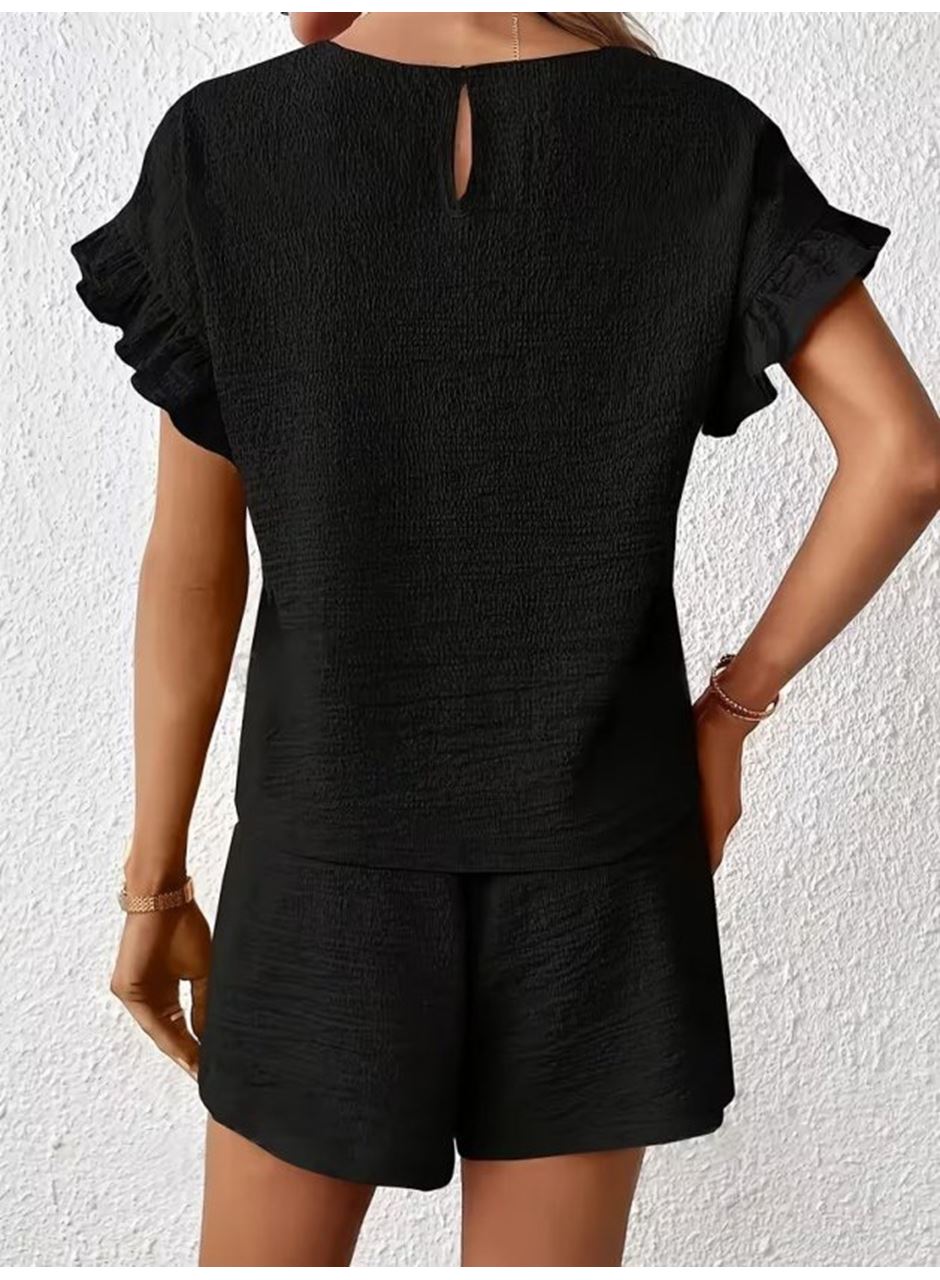 Kadın Kısa Kollu Bisiklet Yaka Bürümcük Bluz Ve Kısa Short Ikili Takım