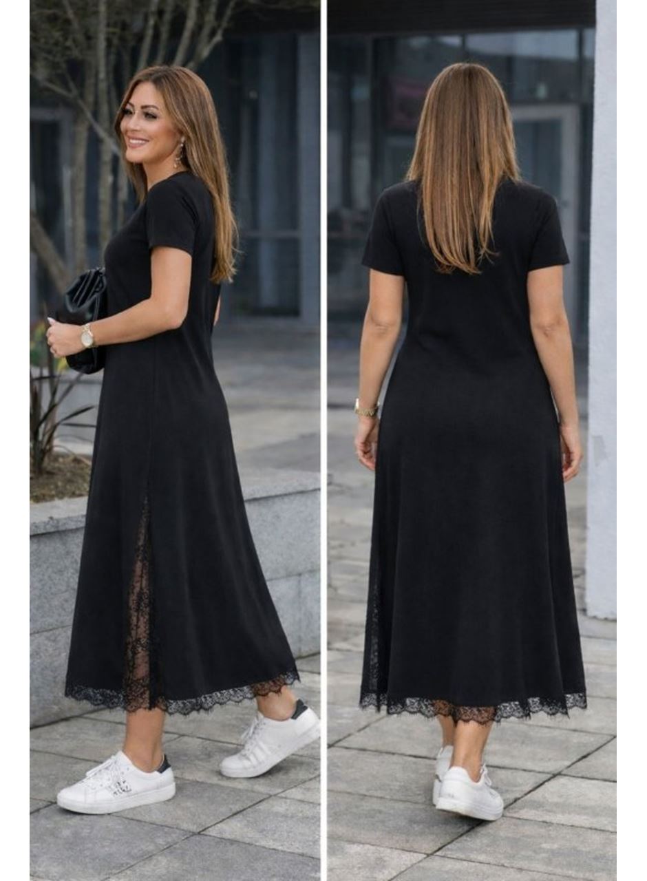 Kadın Kısa Kollu Bisiklet Yaka Yandan Yırtmaçlı Dantel Detaylı Uzun Viskon Elbise