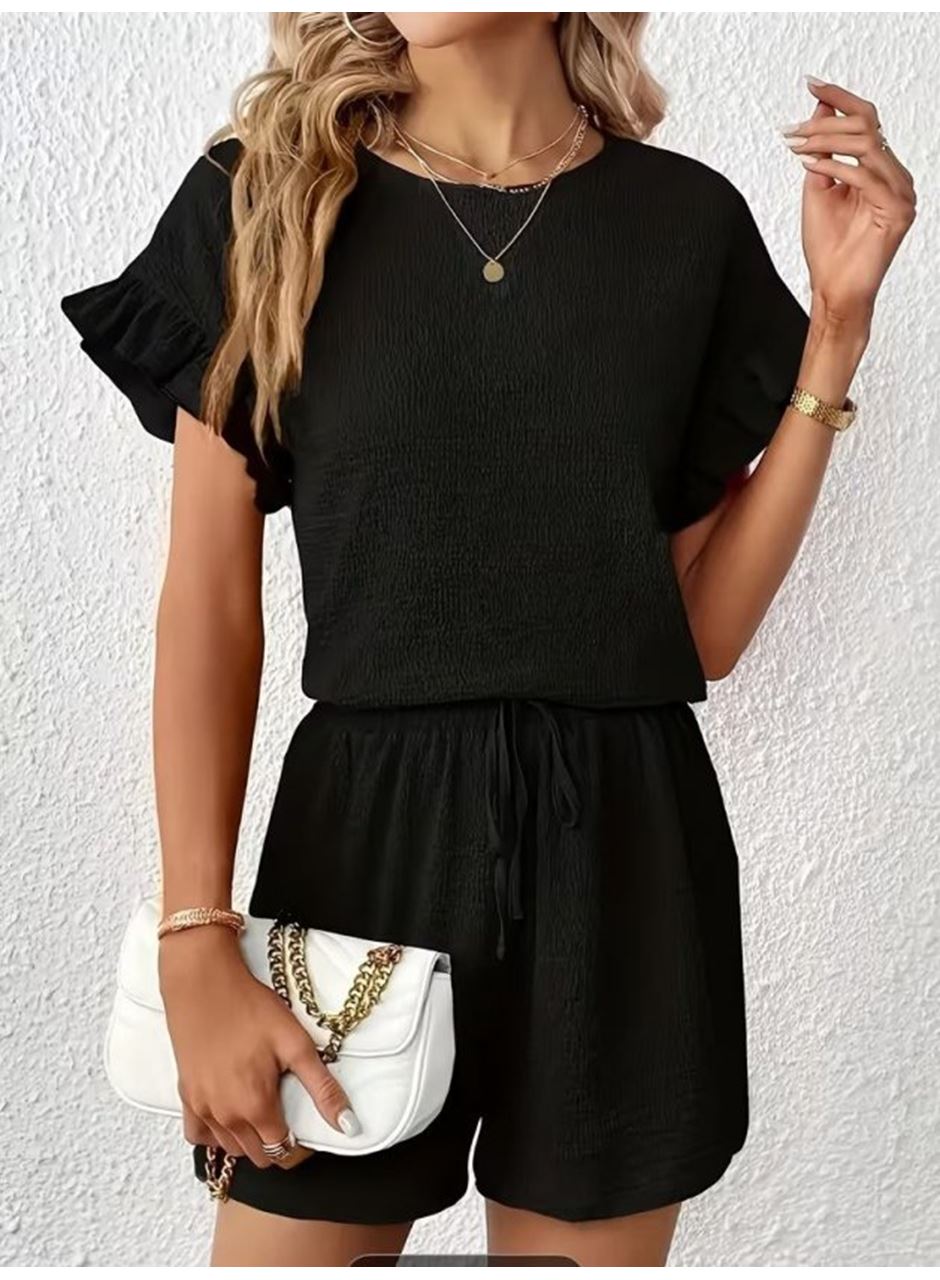 Kadın Kısa Kollu Bisiklet Yaka Bürümcük Bluz Ve Kısa Short Ikili Takım