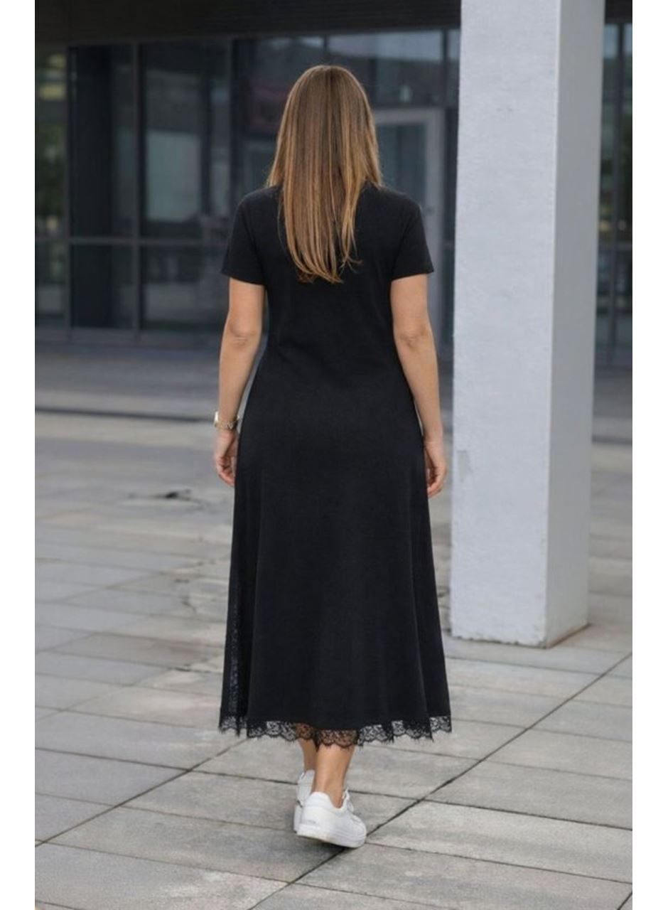 Kadın Kısa Kollu Bisiklet Yaka Yandan Yırtmaçlı Dantel Detaylı Uzun Viskon Elbise