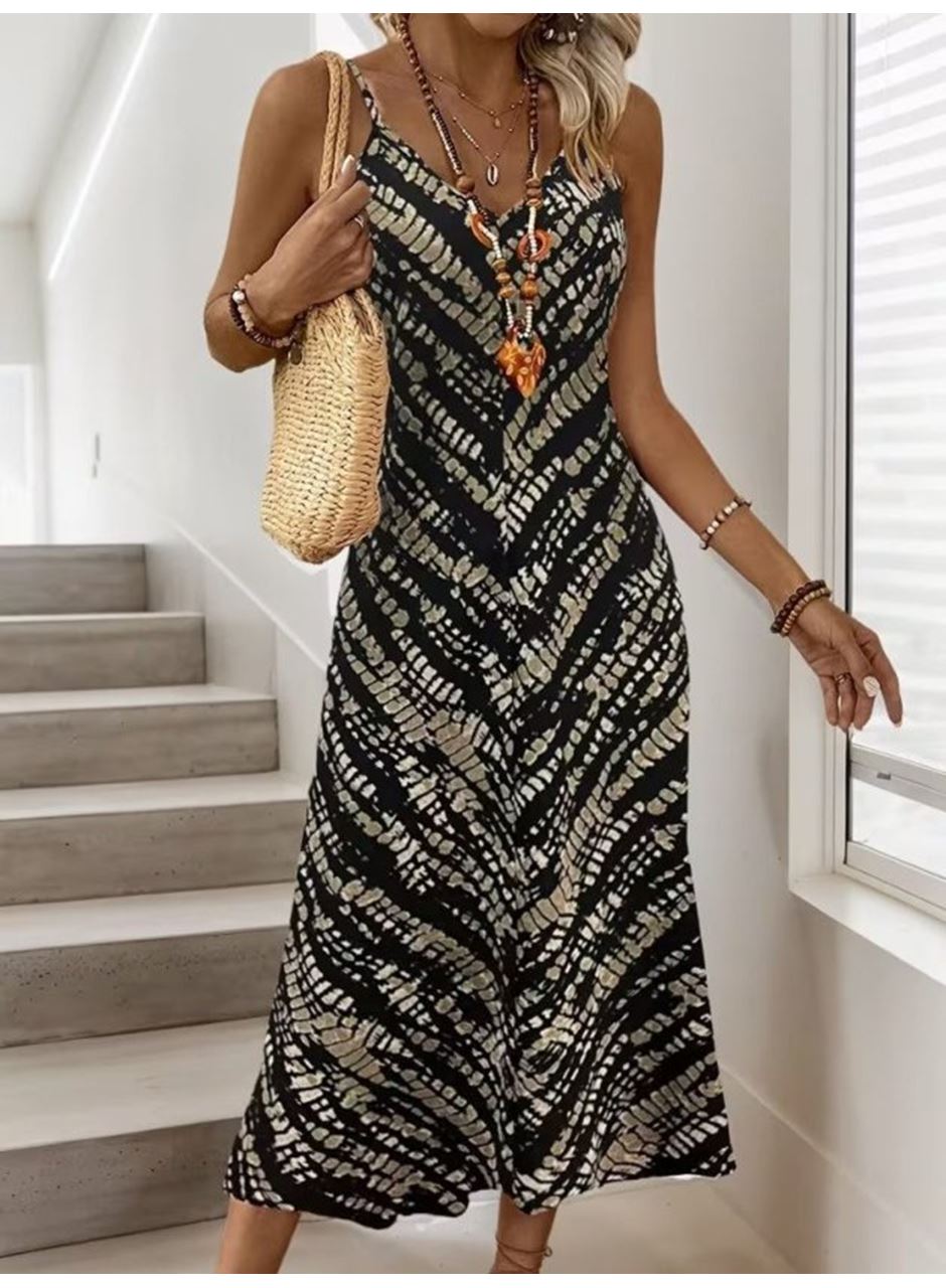 Kadın Ip Askılı V Yakalı Desenli Uzun Süprem Elbise