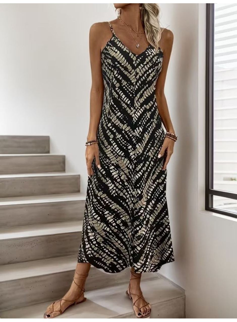 Kadın Ip Askılı V Yakalı Desenli Uzun Süprem Elbise