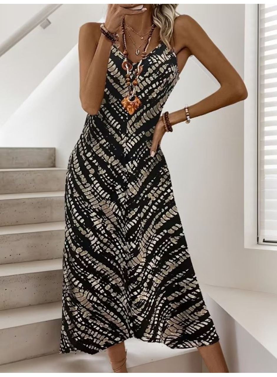 Kadın Ip Askılı V Yakalı Desenli Uzun Süprem Elbise
