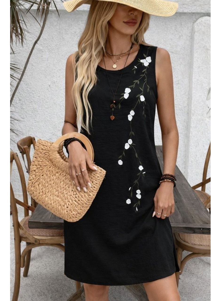 Kadın Askılı Yuvarlak Yakalı çiçek Desenli Kısa Elbise