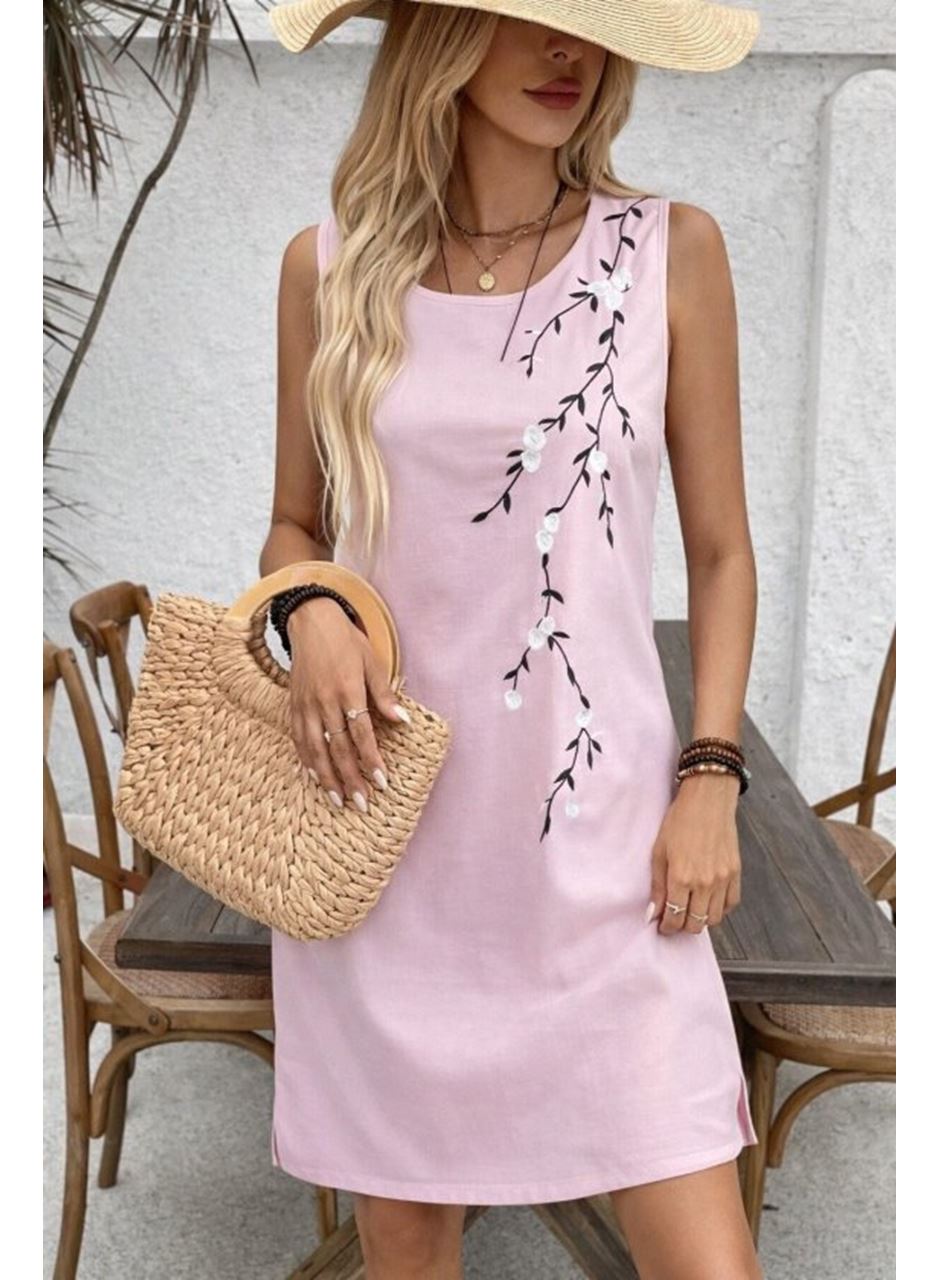 Kadın Askılı Yuvarlak Yakalı çiçek Desenli Kısa Elbise