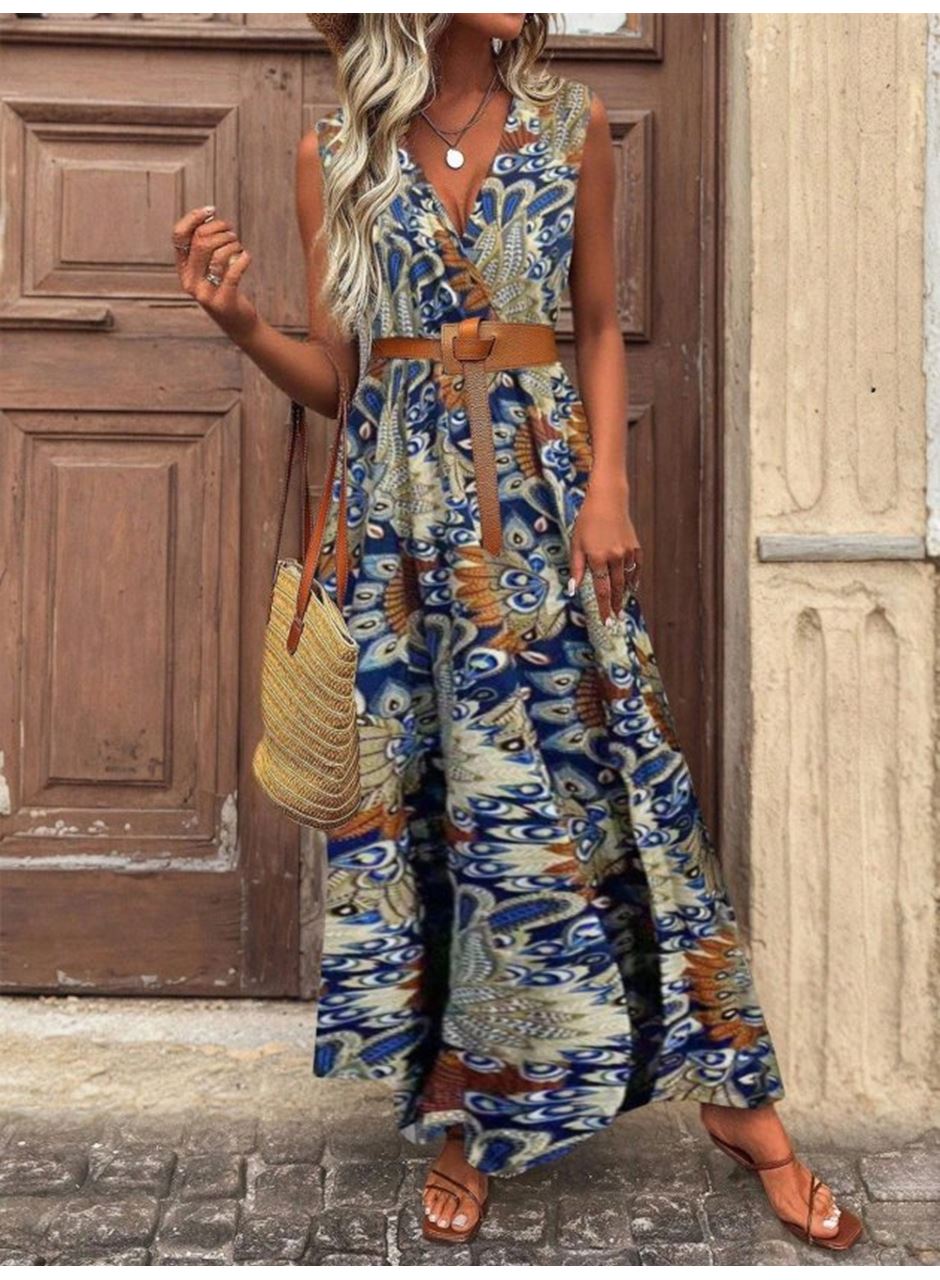 Kadın Askılı Kruvaze Yakalı Uzun Desenli Kemersiz Süprem Elbise