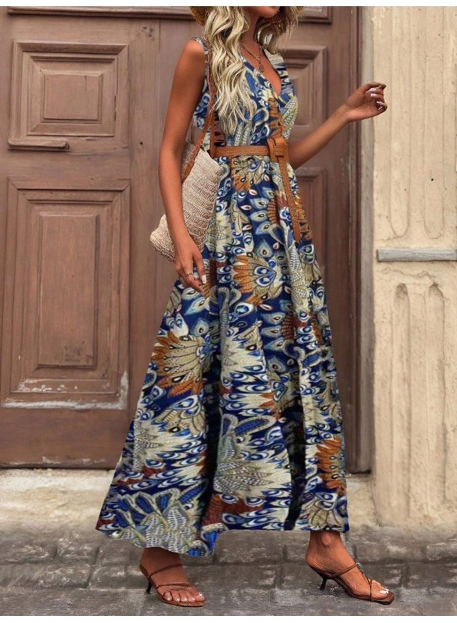 Kadın Askılı Kruvaze Yakalı Uzun Desenli Kemersiz Süprem Elbise