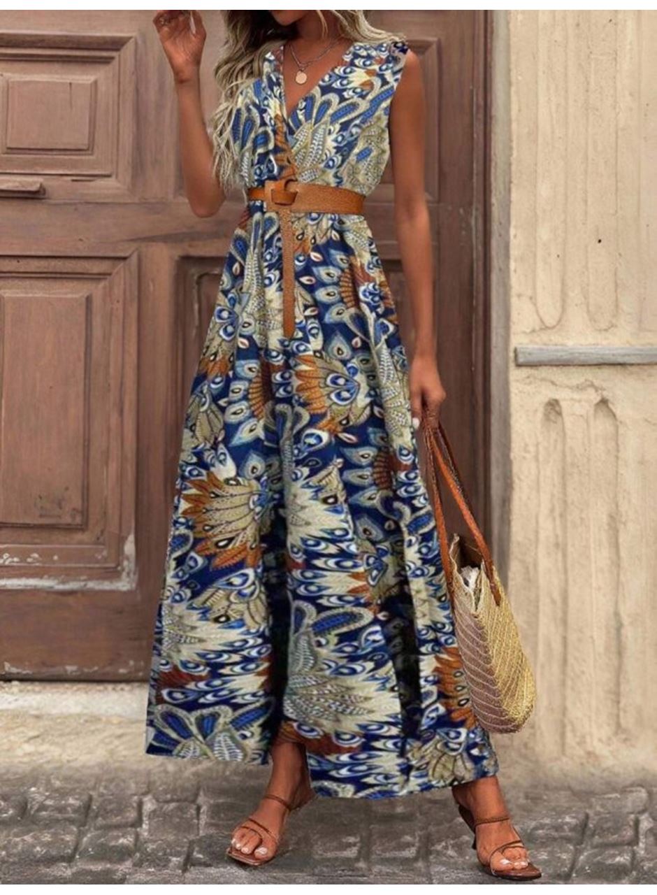 Kadın Askılı Kruvaze Yakalı Uzun Desenli Kemersiz Süprem Elbise