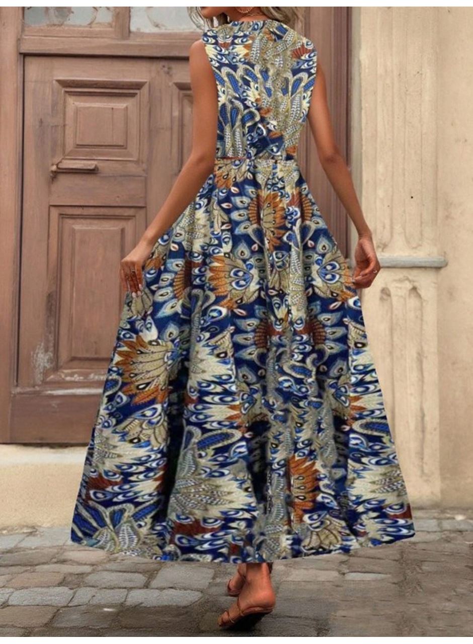 Kadın Askılı Kruvaze Yakalı Uzun Desenli Kemersiz Süprem Elbise