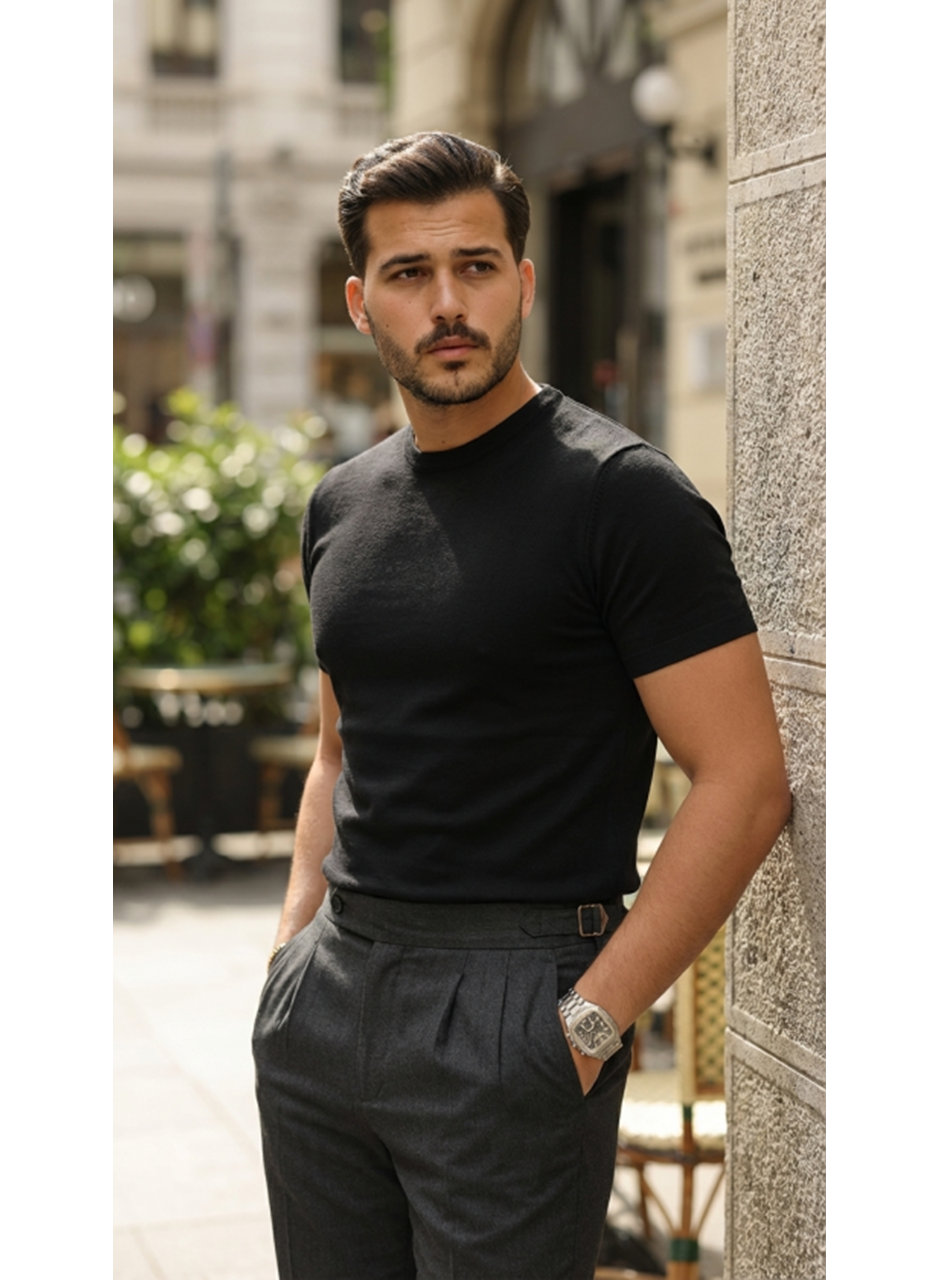 Erkek Basic Bisiklet Yaka Kısa Kollu Triko Tişört - %100 Pamuk Akrilik