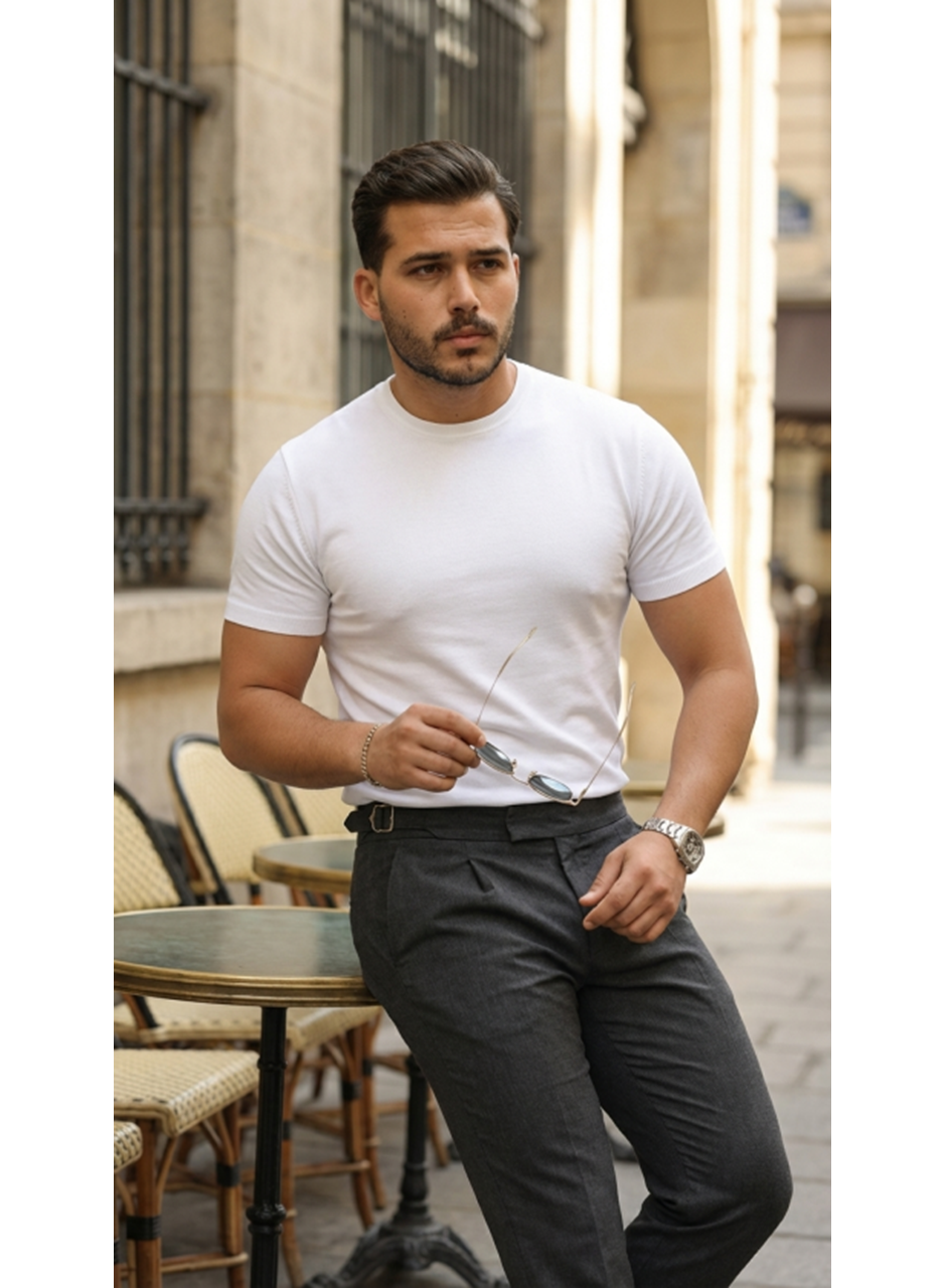 Erkek Basic Bisiklet Yaka Kısa Kollu Triko Tişört - %100 Pamuk Akrilik