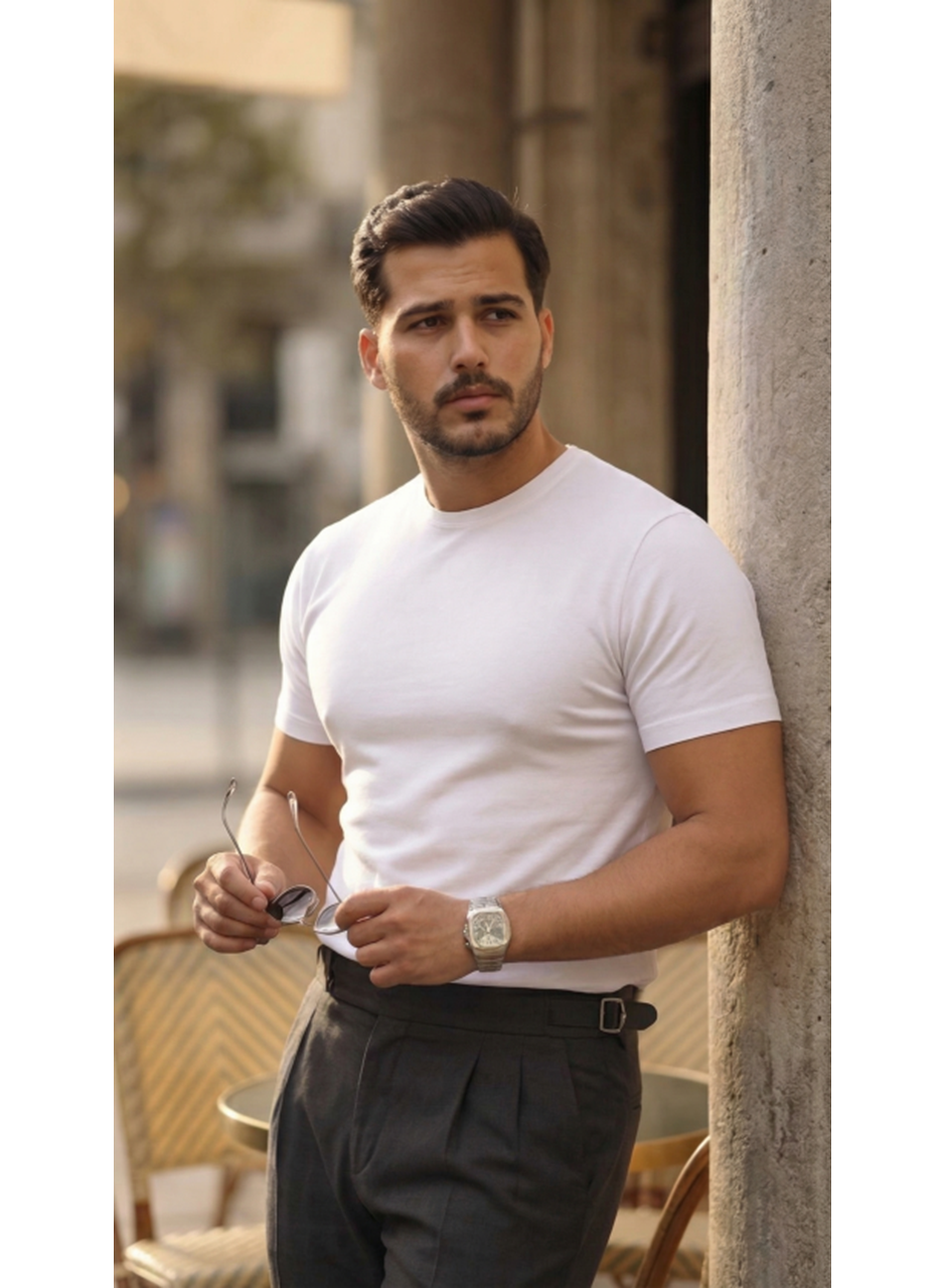 Erkek Basic Bisiklet Yaka Kısa Kollu Triko Tişört - %100 Pamuk Akrilik