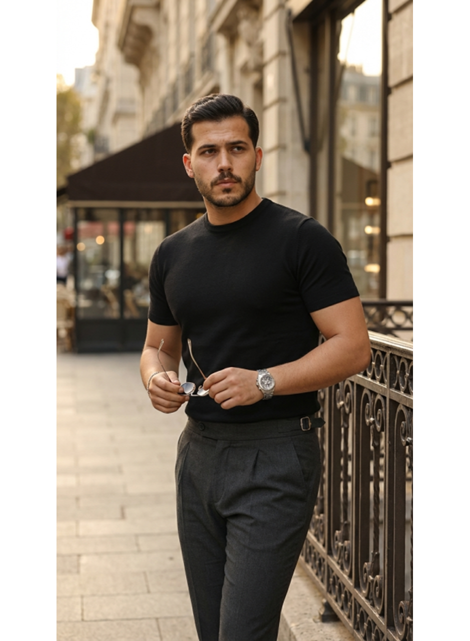 Erkek Basic Bisiklet Yaka Kısa Kollu Triko Tişört - %100 Pamuk Akrilik